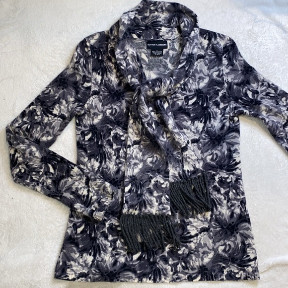 Sutton Cashmere 100% cashmere gray abstract floral print tie scarf neck sweater - Picture 1 of 10